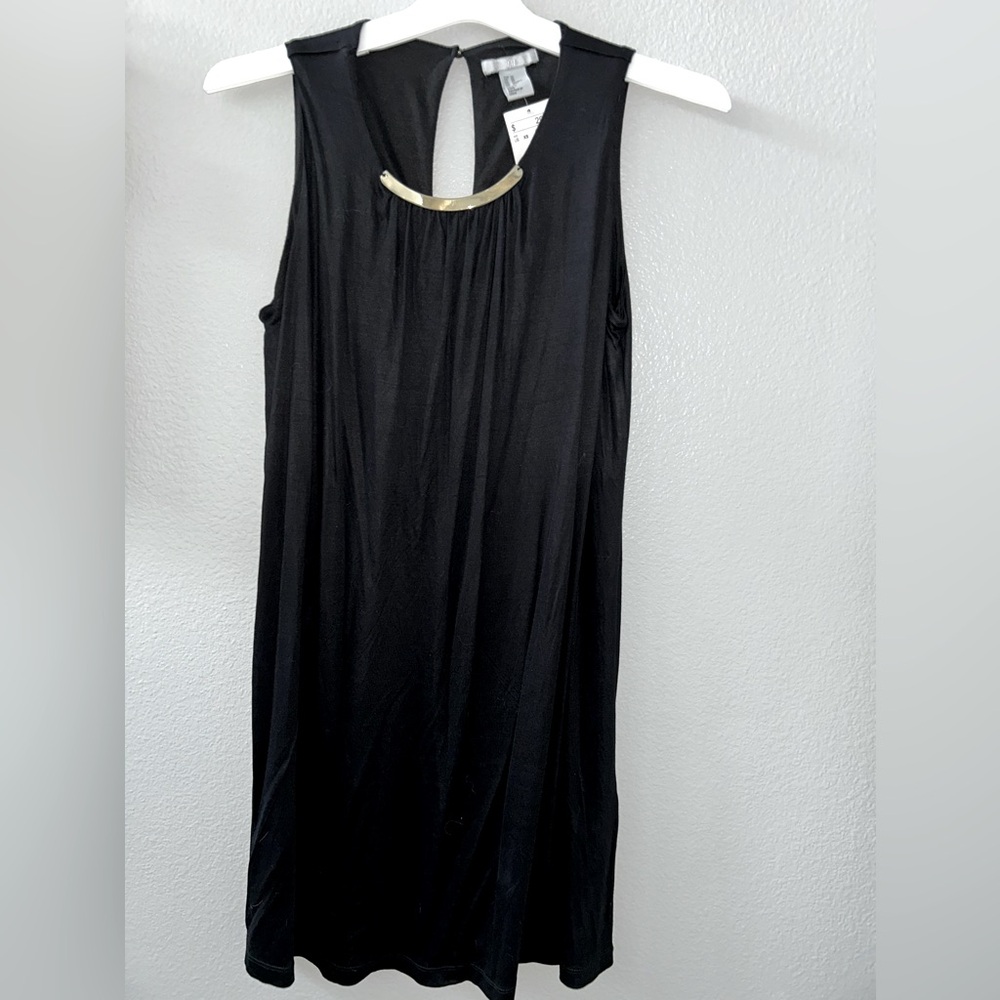 H&M NWT Black Dress W/ Gold color metal Neck detail sleeveless XS
